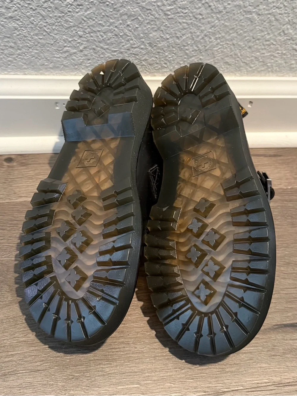 Dr. Martens Black Girls Mary Jane Buckle Shoes with Yellow Welt Stitch